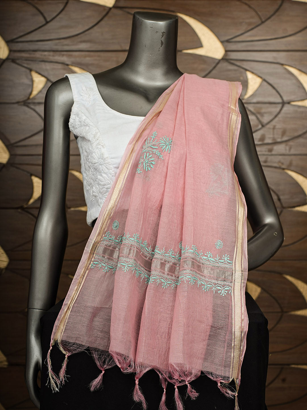 Ada Hand Embroidered Onion Pink Chanderi Lucknowi Chikankari Dupatta 07A501170