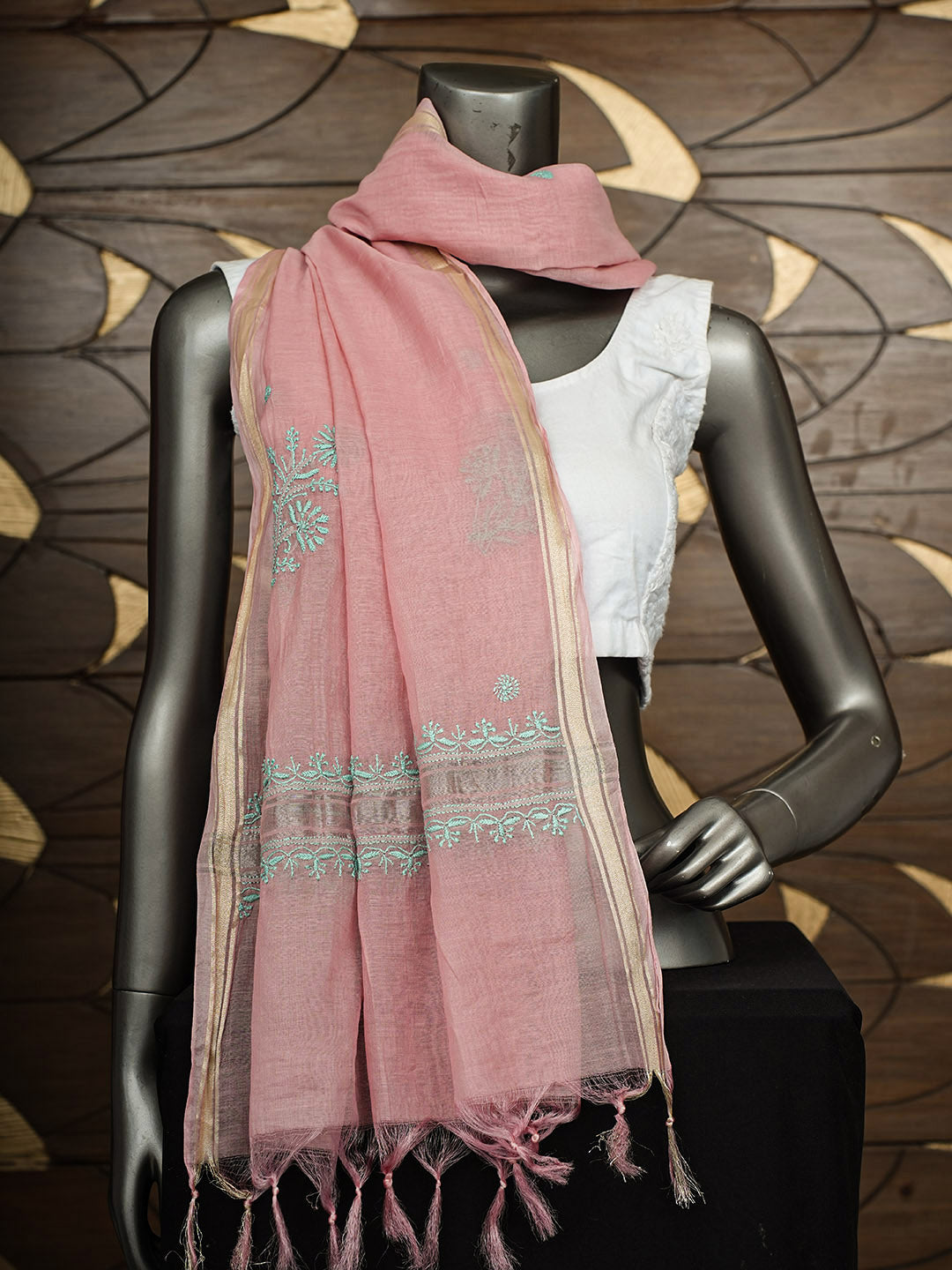 Ada Hand Embroidered Onion Pink Chanderi Lucknowi Chikankari Dupatta 07A501170