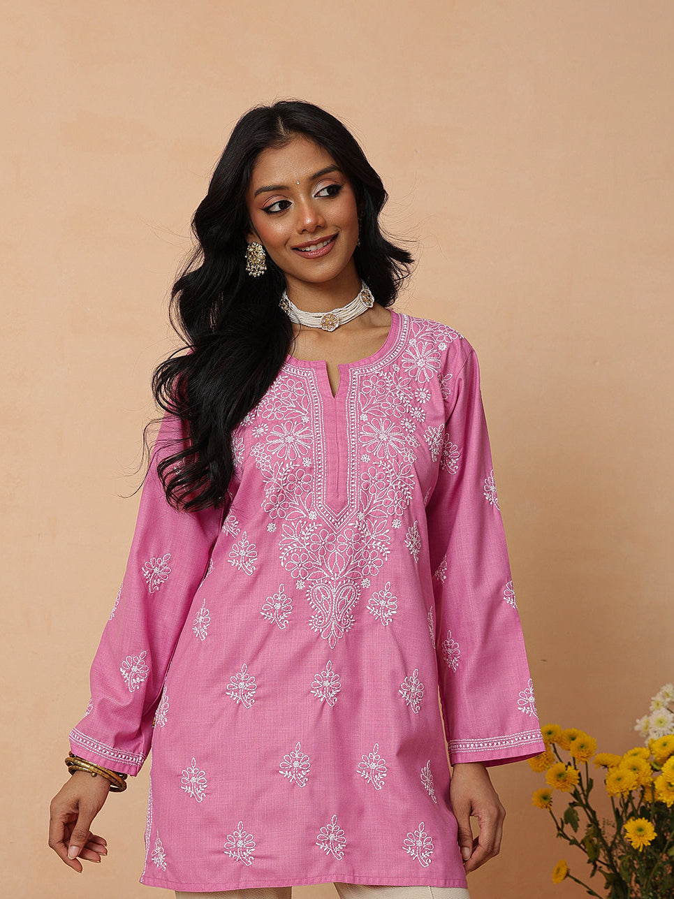 Ada Hand Embroidered Onion Pink Cotton Lucknowi Chikankari Short Kurti A911573