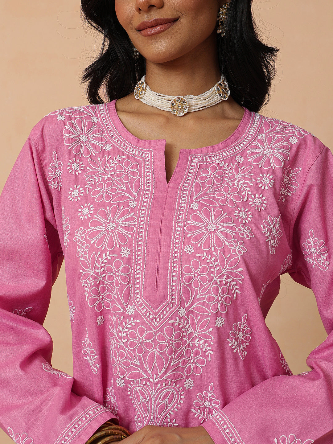 Ada Hand Embroidered Onion Pink Cotton Lucknowi Chikankari Short Kurti A911573