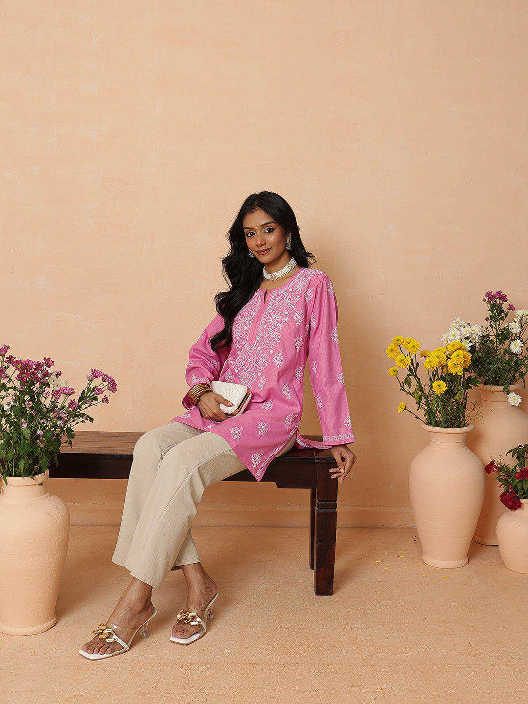 Ada Hand Embroidered Onion Pink Cotton Lucknowi Chikankari Short Kurti A911573