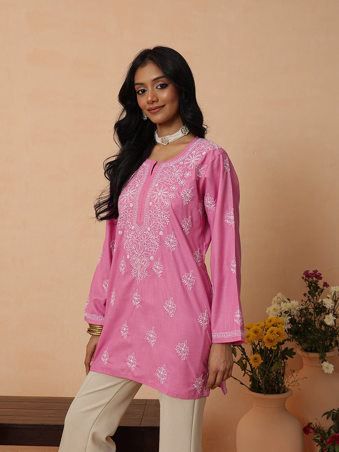 Ada Hand Embroidered Onion Pink Cotton Lucknowi Chikankari Short Kurti A911573