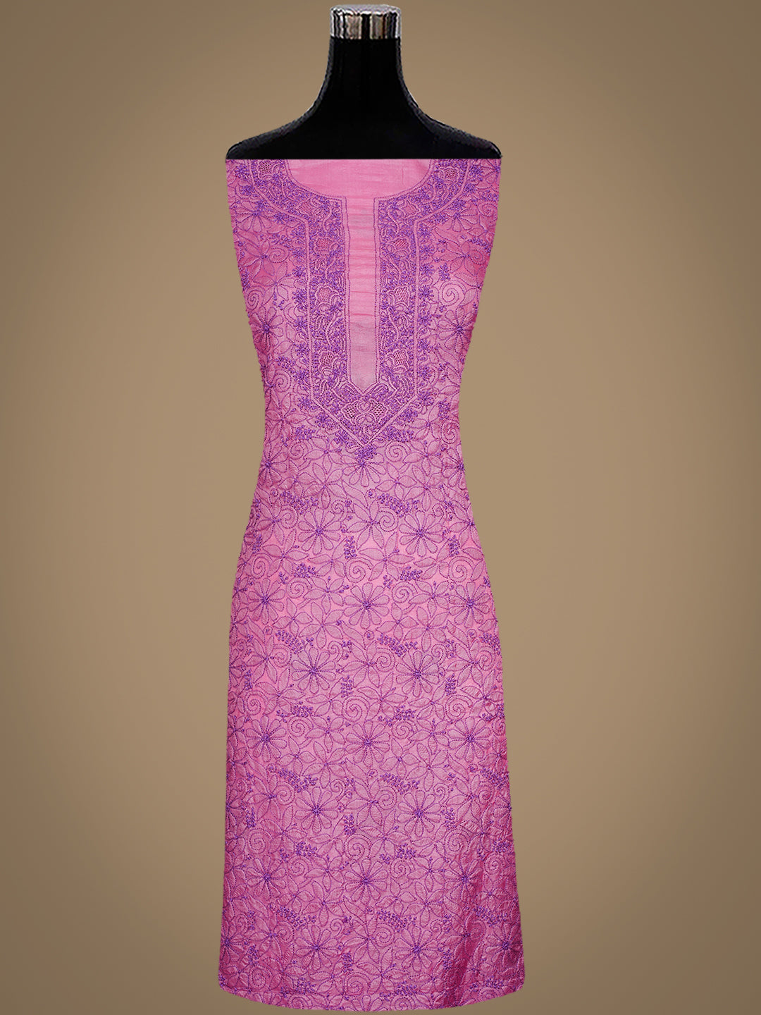 Onion Pink Silk Lucknowi Chikankari Suit With Lavender Thread Embroidery