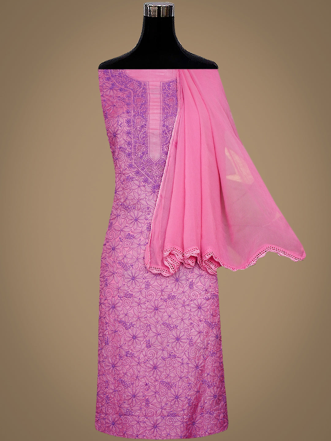 Hand Embroidered Onion Pink Silk Chikankari Suit Piece Close-Up