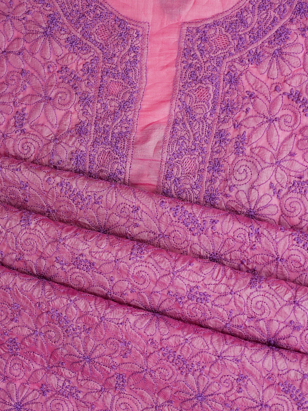 Detailed Bakhiya Phanda And Pechni Chikankari Embroidery On Onion Pink Silk Fabric