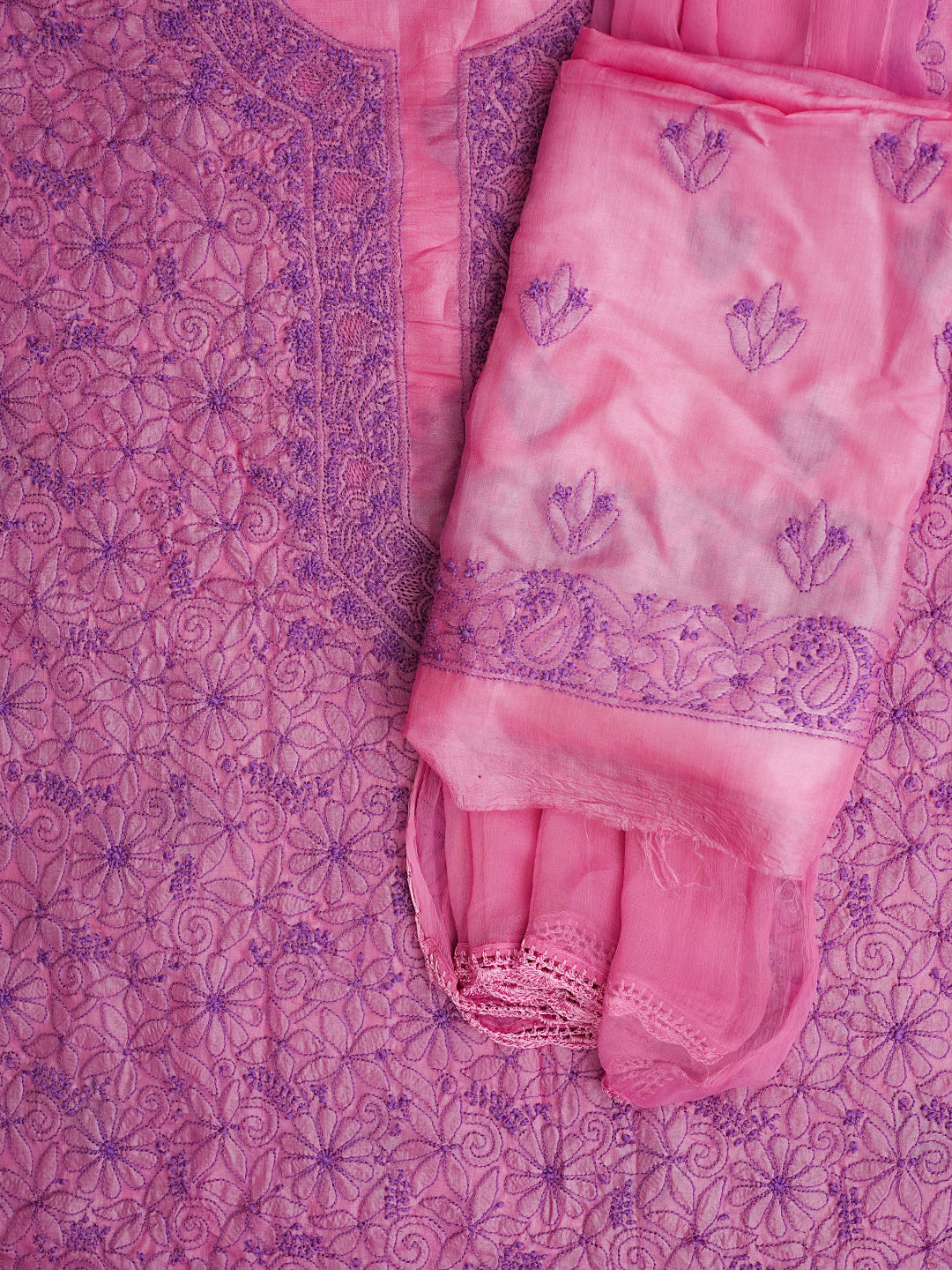 Onion Pink Silk Lucknowi Chikankari Unstitched Suit Piece 