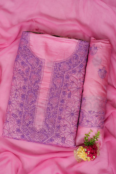 Ada Onion Pink Silk Lucknowi Chikankari Unstitched Suit Piece Front View