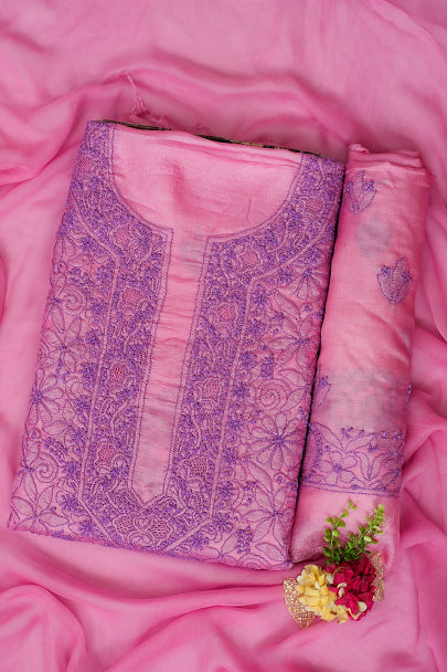 Ada Onion Pink Silk Lucknowi Chikankari Unstitched Suit Piece Front View