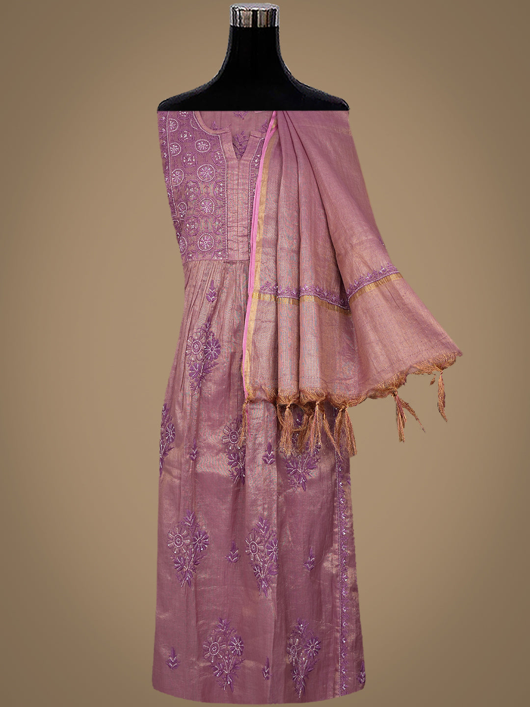 Ada Hand Embroidered Onion Pink Tissue Lucknowi Chikankari Semi-Stitched Kurta Dupatta Set With Cutdana Work 07A502711