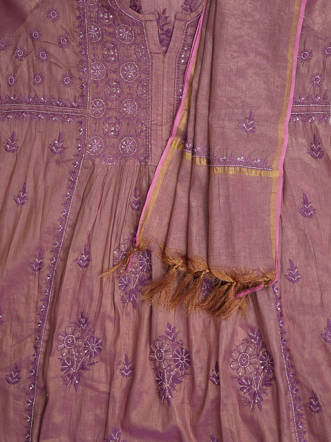 Ada Hand Embroidered Onion Pink Tissue Lucknowi Chikankari Semi-Stitched A-Line Kurta Dupatta Set With Cutdana Work 07A502711