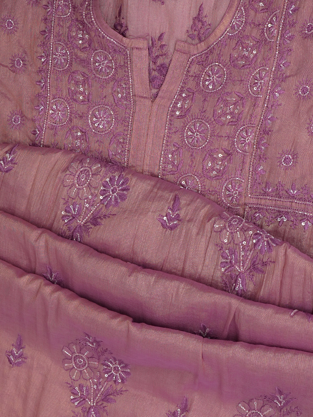 Ada Hand Embroidered Onion Pink Tissue Lucknowi Chikankari Semi-Stitched A-Line Kurta Dupatta Set With Cutdana Work 07A502711