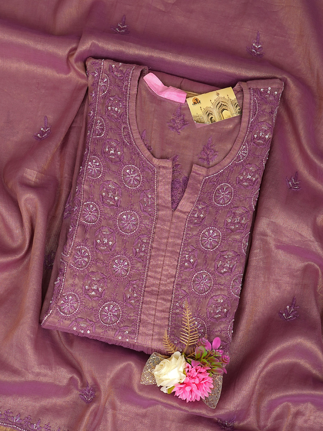 Ada Hand Embroidered Onion Pink Tissue Lucknowi Chikankari Semi-Stitched Kurta Dupatta Set With Cutdana Work 07A502711