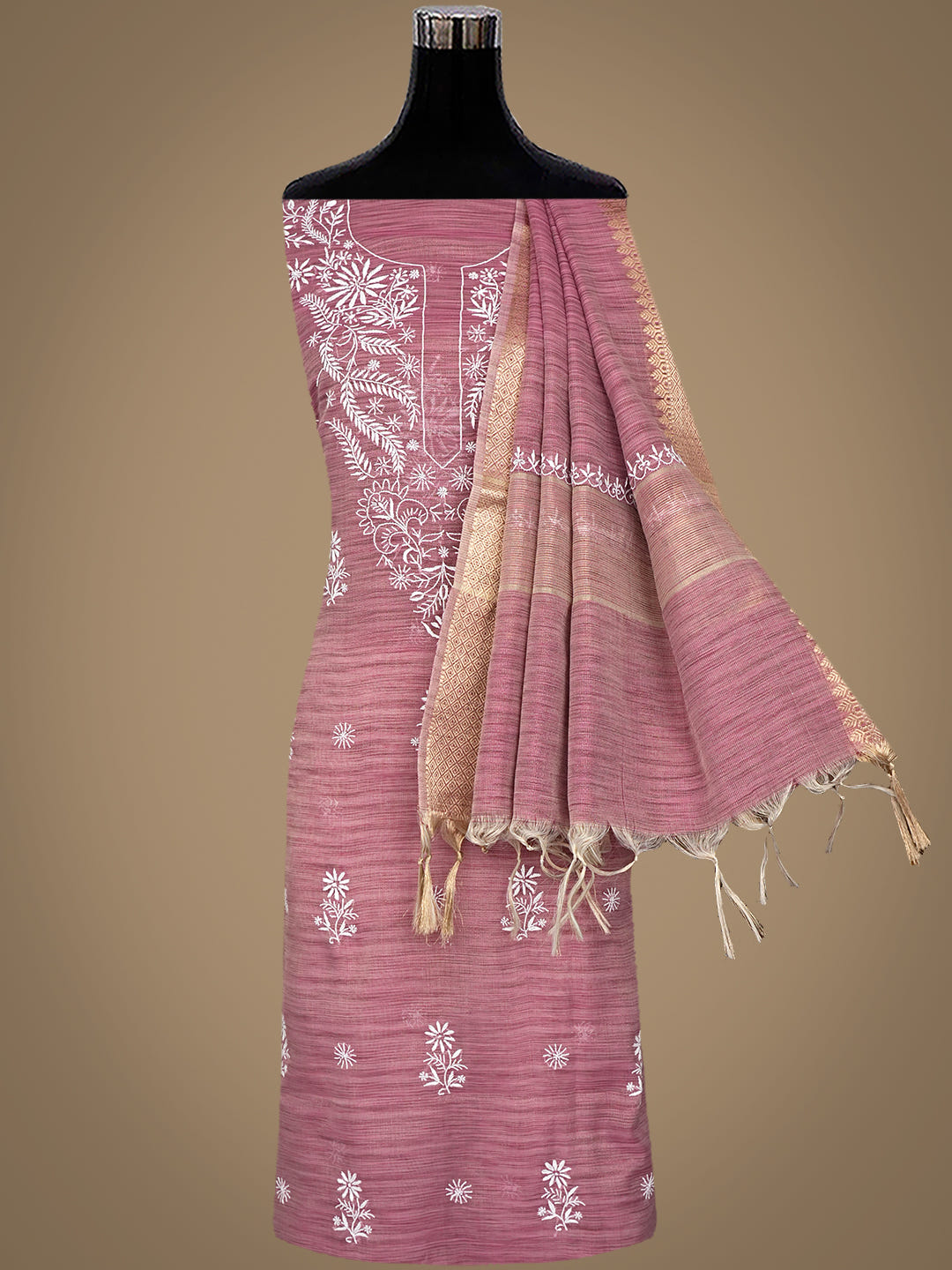 Ada Hand Embroidered Onion Pink Tissue Unstitched Lucknowi Chikankari Kurta Dupatta Set 01A997842