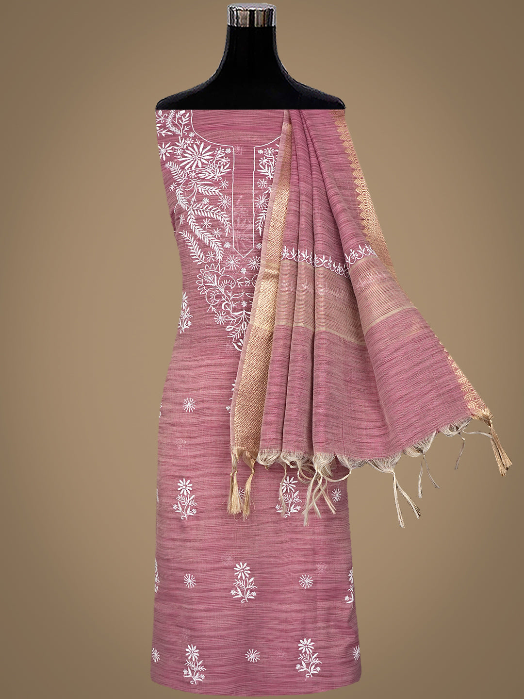 Ada Hand Embroidered Onion Pink Tissue Unstitched Lucknowi Chikankari Kurta Dupatta Set 01A997842