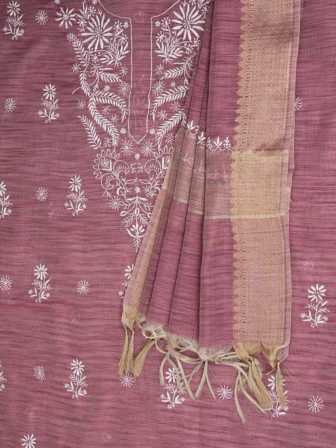 Ada Hand Embroidered Onion Pink Tissue Unstitched Lucknowi Chikankari Kurta Dupatta Set 01A997842
