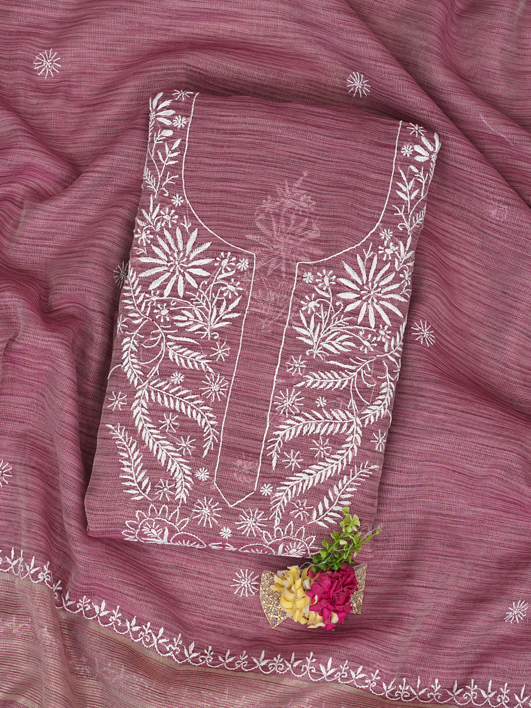 Ada Hand Embroidered Onion Pink Tissue Unstitched Lucknowi Chikankari Kurta Dupatta Set 01A997842