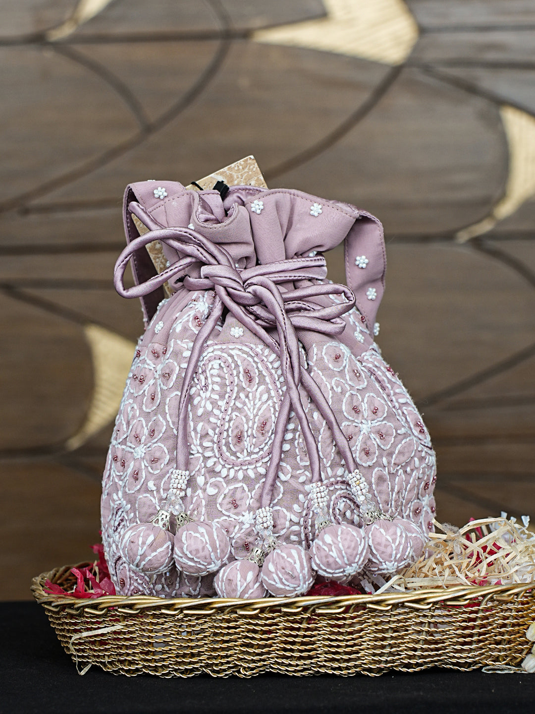 Ada Hand Embroidered Onion Pink Viscose Georgette Lucknowi Chikankari Potli Bag With Cutdana Work 01A983544