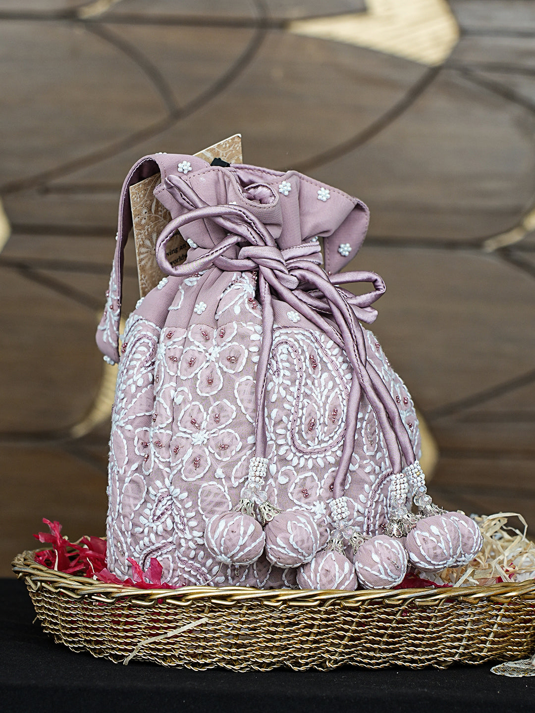 Ada Hand Embroidered Onion Pink Viscose Georgette Lucknowi Chikankari Potli Bag With Cutdana Work 01A983544