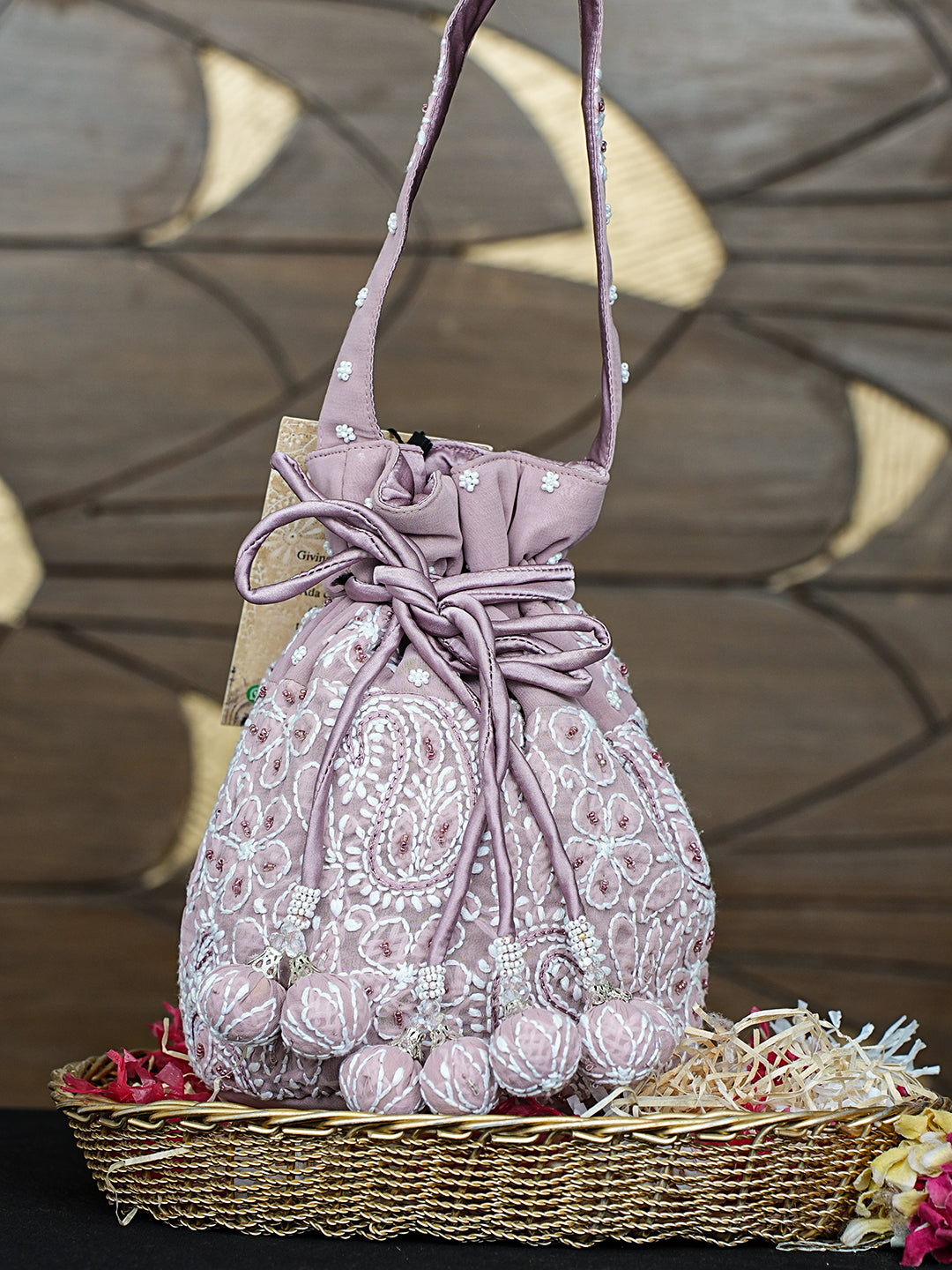 Ada Hand Embroidered Onion Pink Viscose Georgette Lucknowi Chikankari Potli Bag With Cutdana Work 01A983544