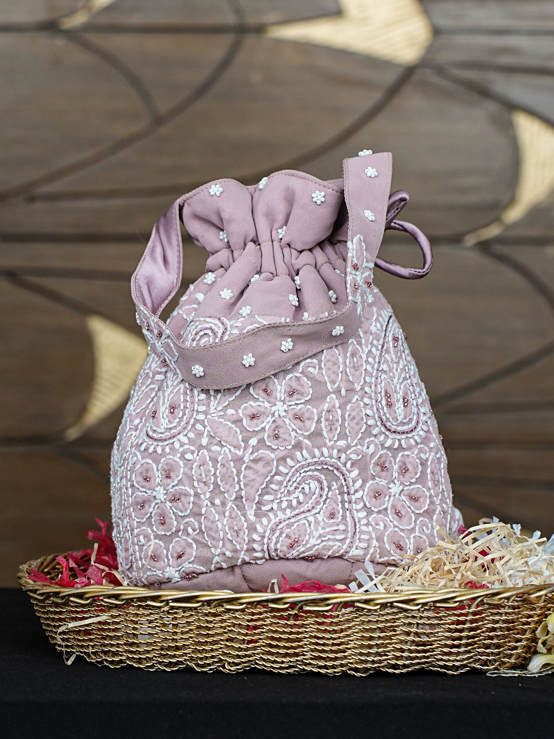 Ada Hand Embroidered Onion Pink Viscose Georgette Lucknowi Chikankari Potli Bag With Cutdana Work 01A983544