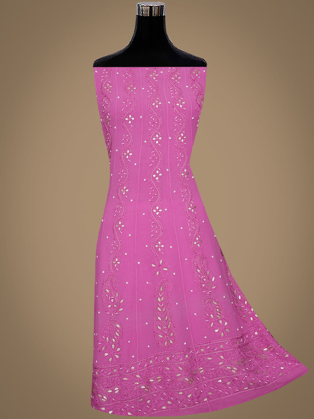 Ada Hand Embroidered Onion Pink Viscose Georgette Lucknowi Chikankari Unstitched Anarkali Kurta Dupatta Set With Pearl, Zari & Gota Patti Work 01A939815