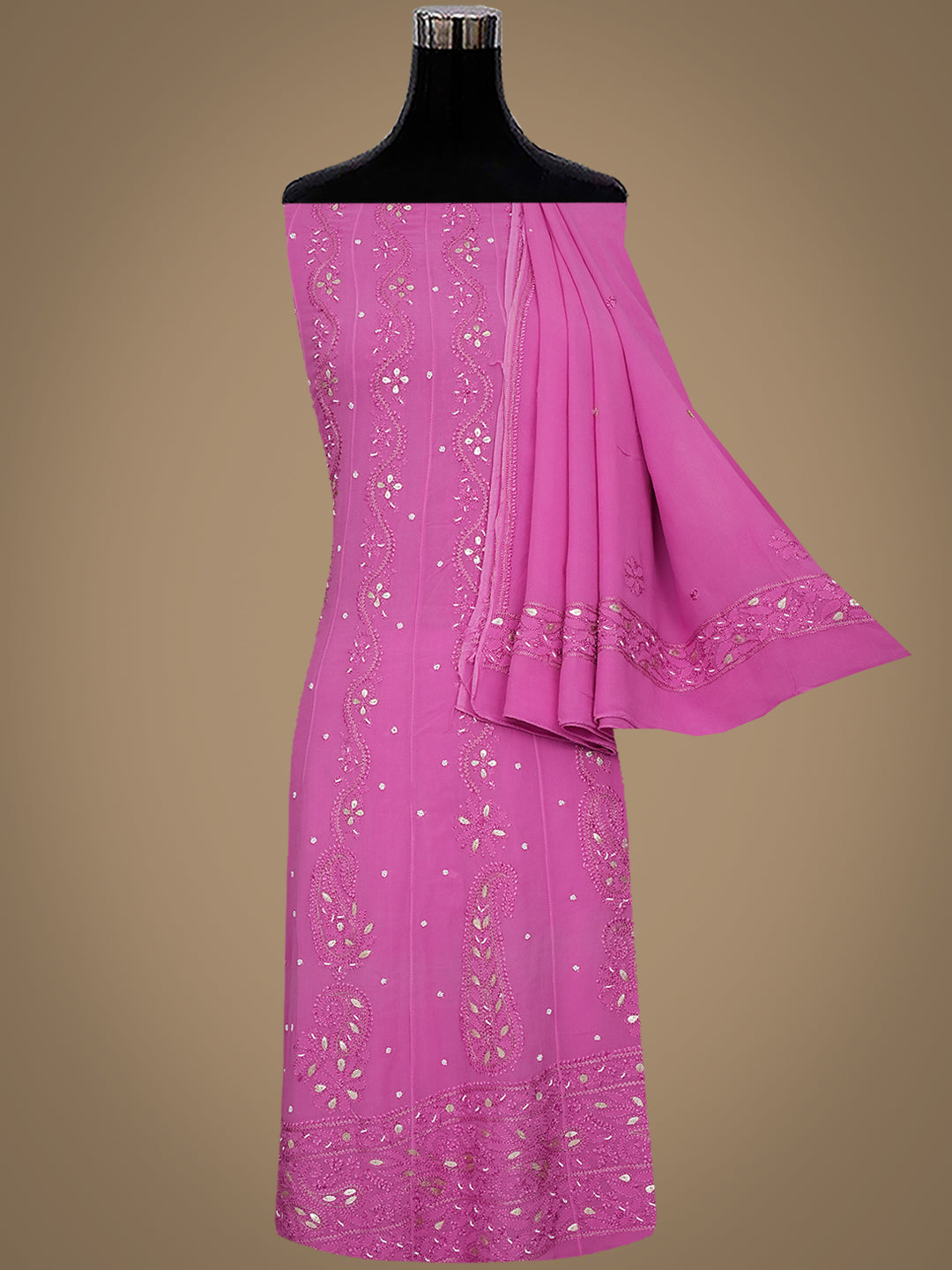 Ada Hand Embroidered Onion Pink Viscose Georgette Lucknowi Chikankari Unstitched Anarkali Kurta Dupatta Set With Pearl, Zari & Gota Patti Work 01A939815