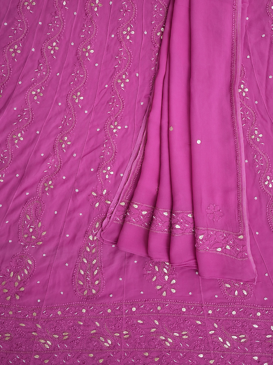 Ada Hand Embroidered Onion Pink Viscose Georgette Lucknowi Chikankari Unstitched Anarkali Kurta Dupatta Set With Pearl, Zari & Gota Patti Work 01A939815