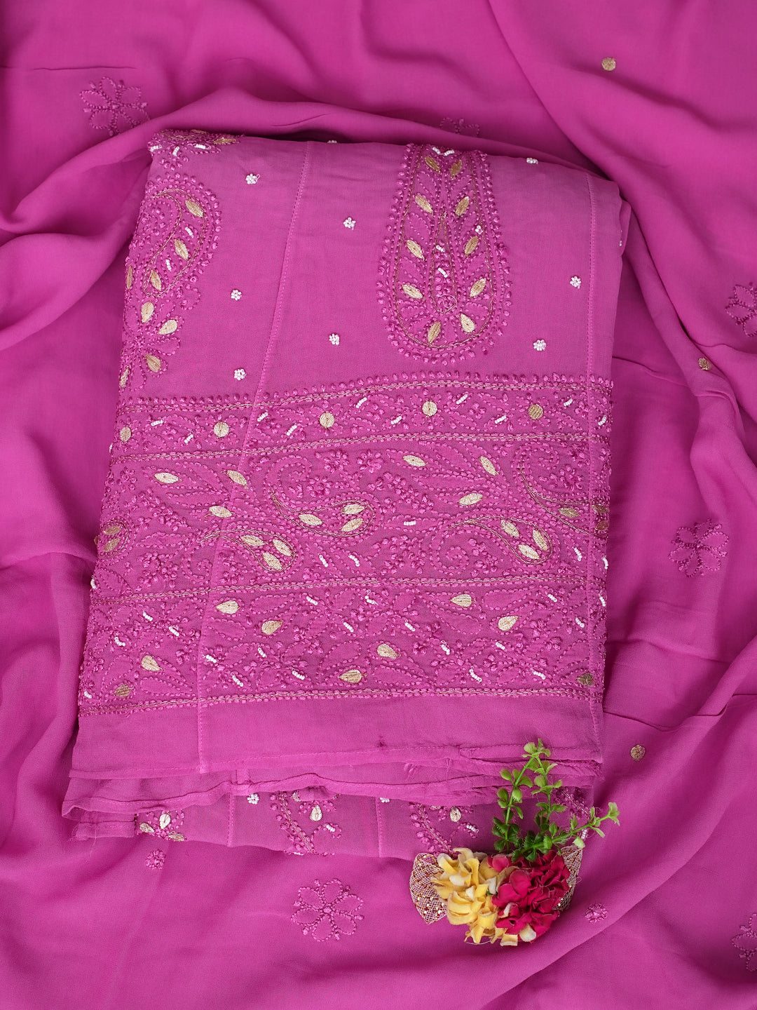 Ada Hand Embroidered Onion Pink Viscose Georgette Lucknowi Chikankari Unstitched Anarkali Kurta Dupatta Set With Pearl, Zari & Gota Patti Work 01A939815