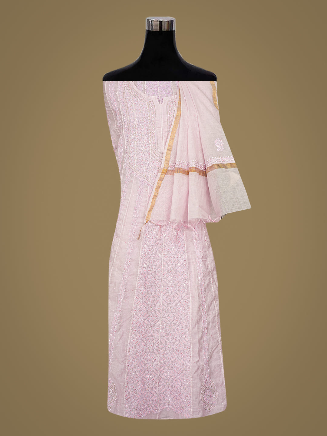 Ada Hand Embroidered Opera Mauve Chanderi Lucknowi Chikankari Semi Stitched Anarkali Kurta Dupatta Set with Zari Work 01A921752