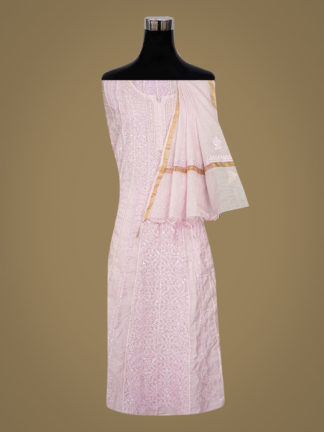 Ada Hand Embroidered Opera Mauve Chanderi Lucknowi Chikankari Semi Stitched Anarkali Kurta Dupatta Set with Zari Work 01A921752