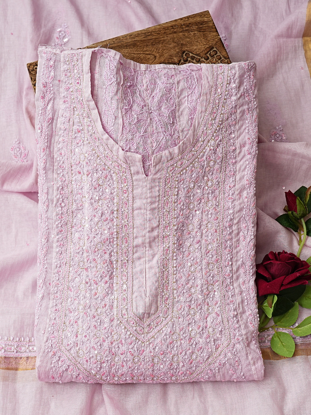 Ada Hand Embroidered Opera Mauve Chanderi Lucknowi Chikankari Semi Stitched Anarkali Kurta Dupatta Set with Zari Work 01A921752