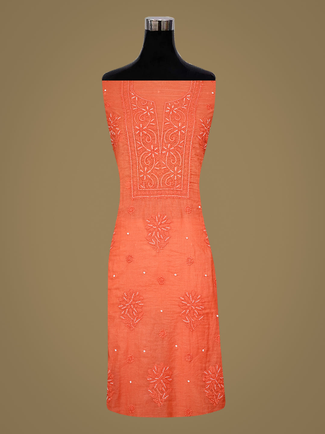 Ada Hand Embroidered Orange Chanderi Lucknowi Chikankari Unstitched Kurta Dupatta Set 01A922146_3