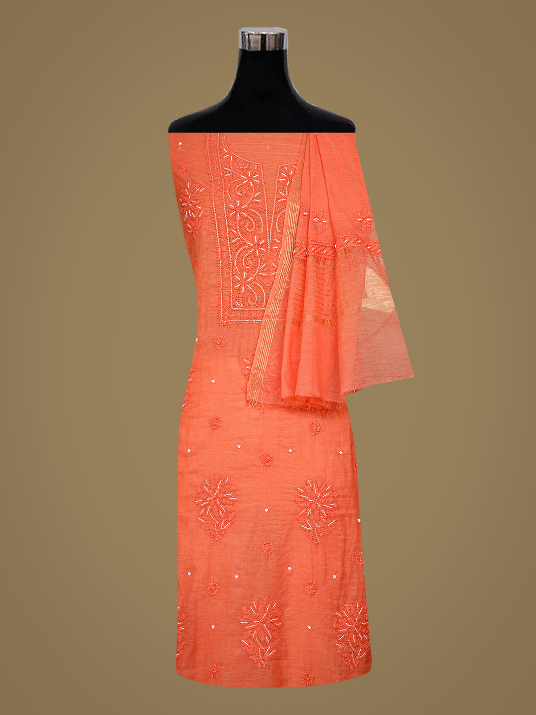 Ada Hand Embroidered Orange Chanderi Lucknowi Chikankari Unstitched Kurta Dupatta Set 01A922146_2