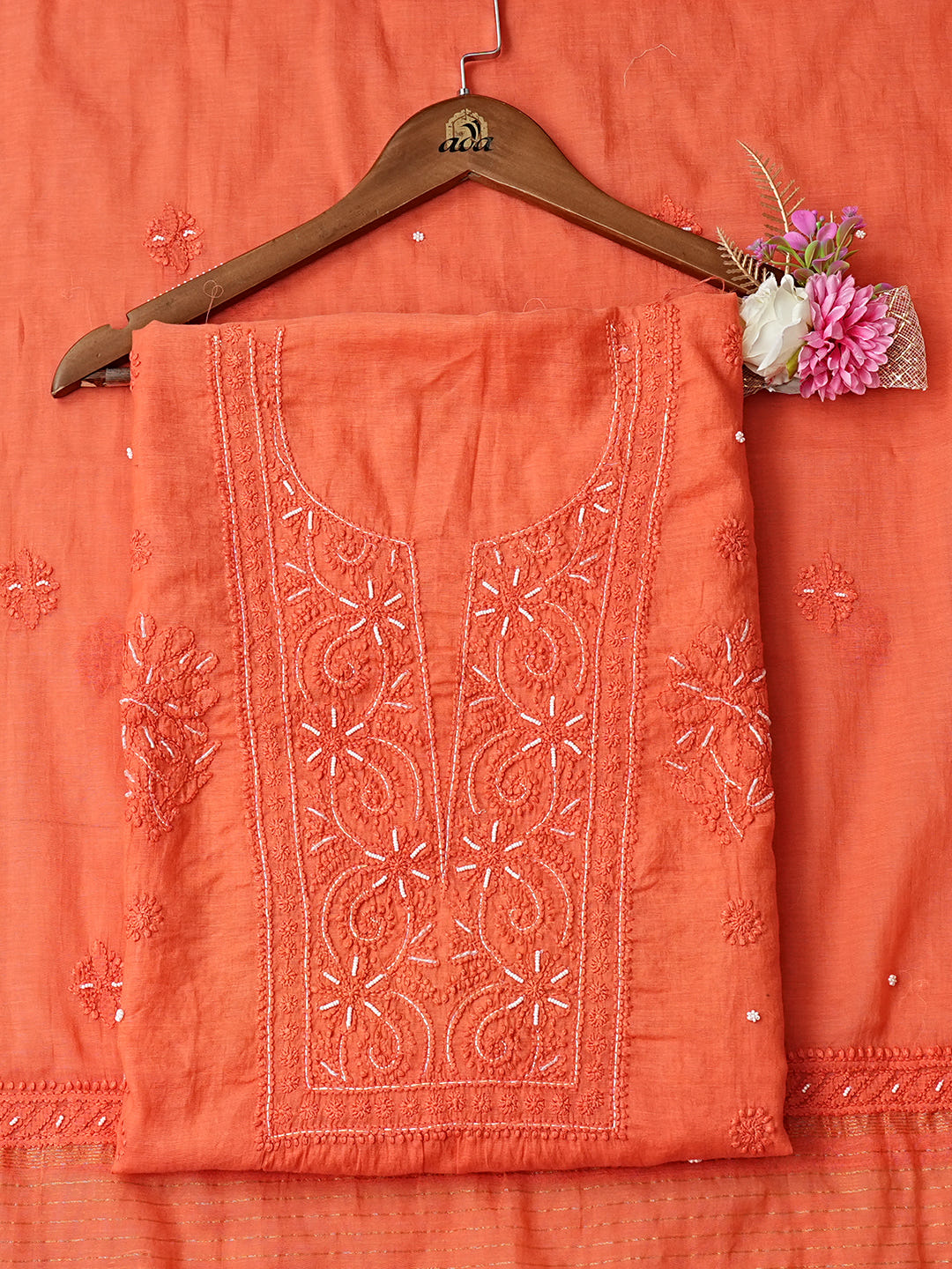 Ada Hand Embroidered Orange Chanderi Lucknowi Chikankari Unstitched Kurta Dupatta Set 01A922146_1
