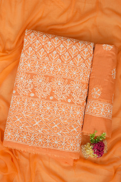 Ada Orange Cotton Lucknowi Chikankari Unstitched Suit Piece with Chiffon Dupatta