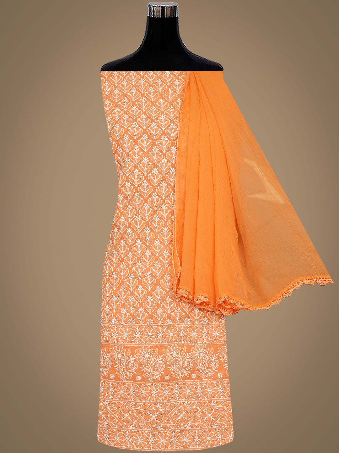 Hand Embroidered Orange Cotton Chikankari Suit for Women