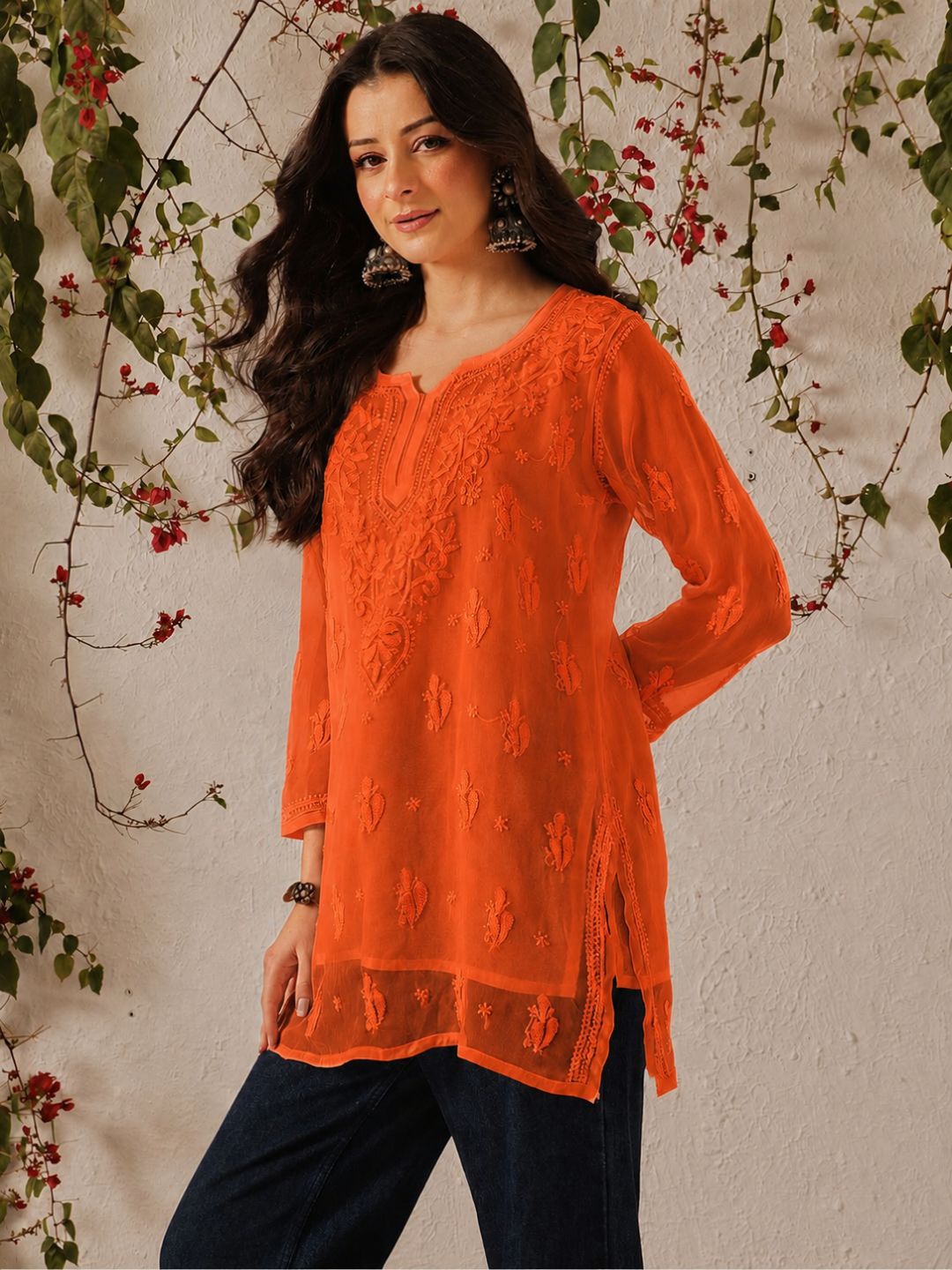 Ada Hand Embroidered Orange Georgette Lucknowi Chikankari Short Kurti With Slip A911606_2