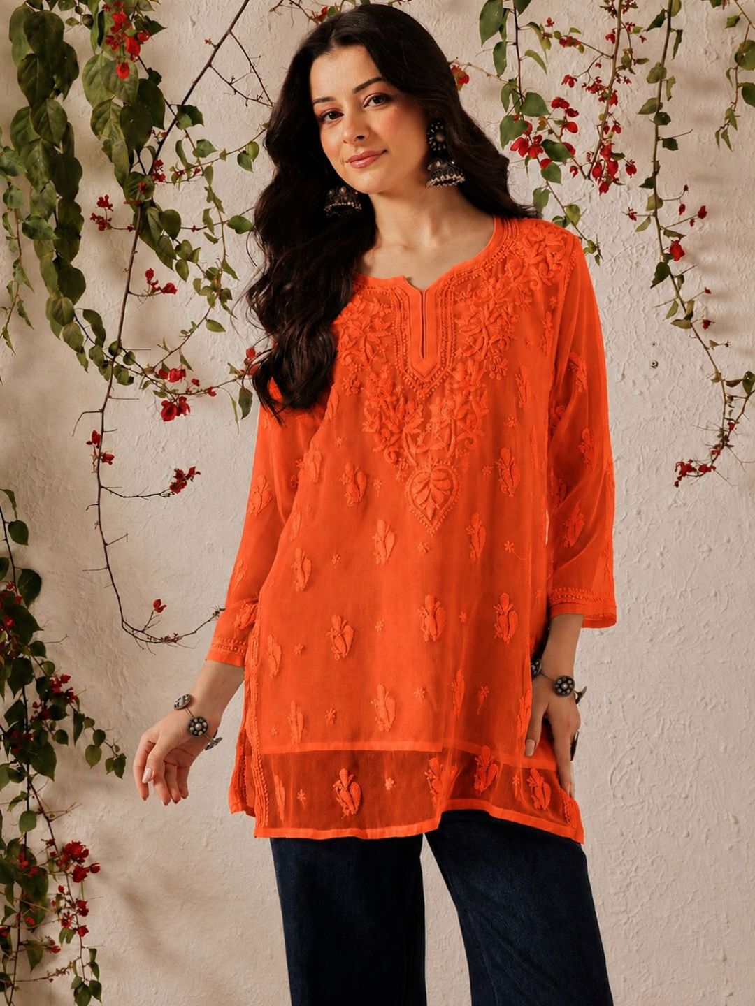 Ada Hand Embroidered Orange Georgette Lucknowi Chikankari Short Kurti With Slip A911606_1