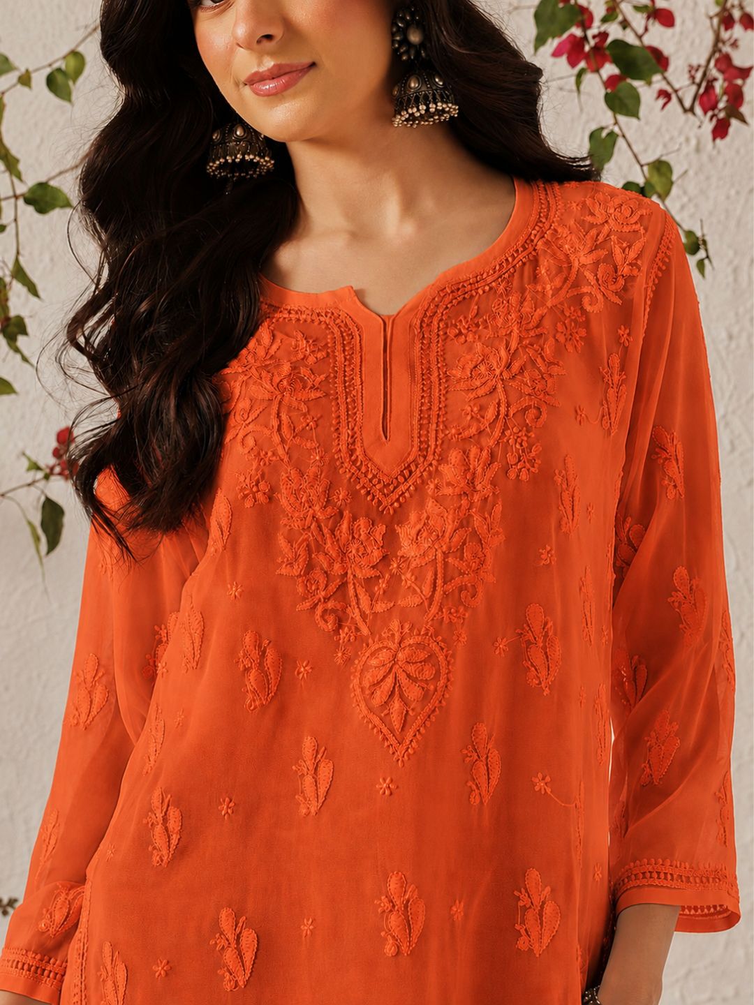 Ada Hand Embroidered Orange Georgette Lucknowi Chikankari Short Kurti With Slip A911606_3