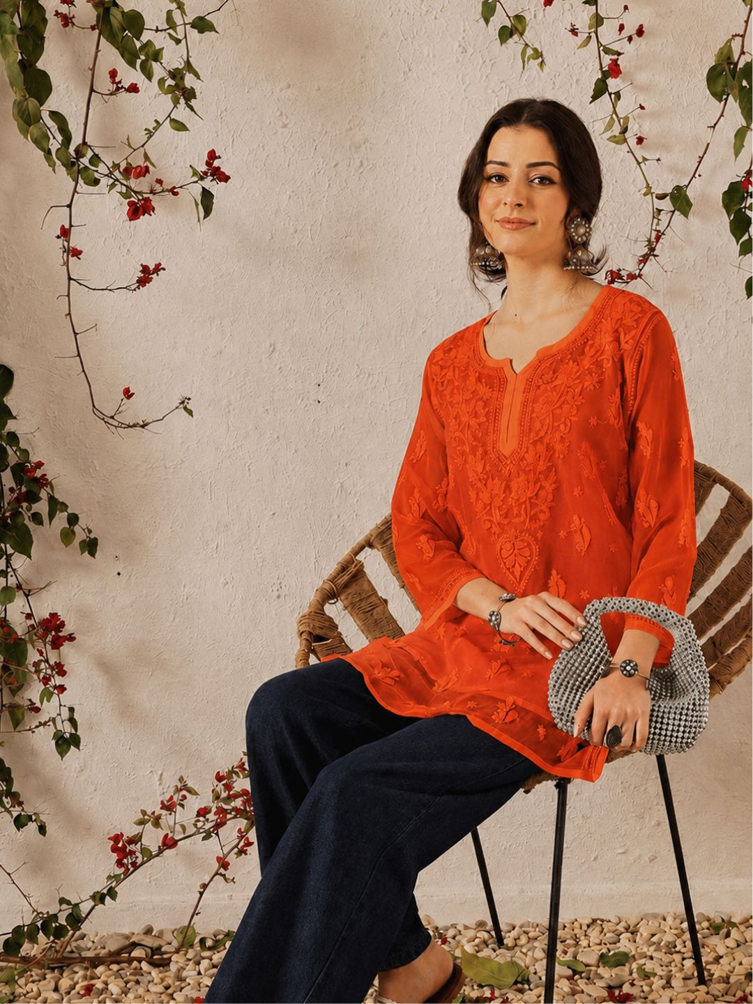 Ada Hand Embroidered Orange Georgette Lucknowi Chikankari Short Kurti With Slip A911606_4