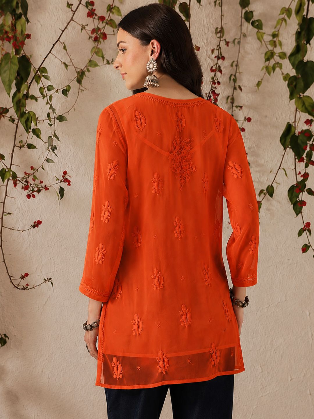 Ada Hand Embroidered Orange Georgette Lucknowi Chikankari Short Kurti With Slip A911606_6