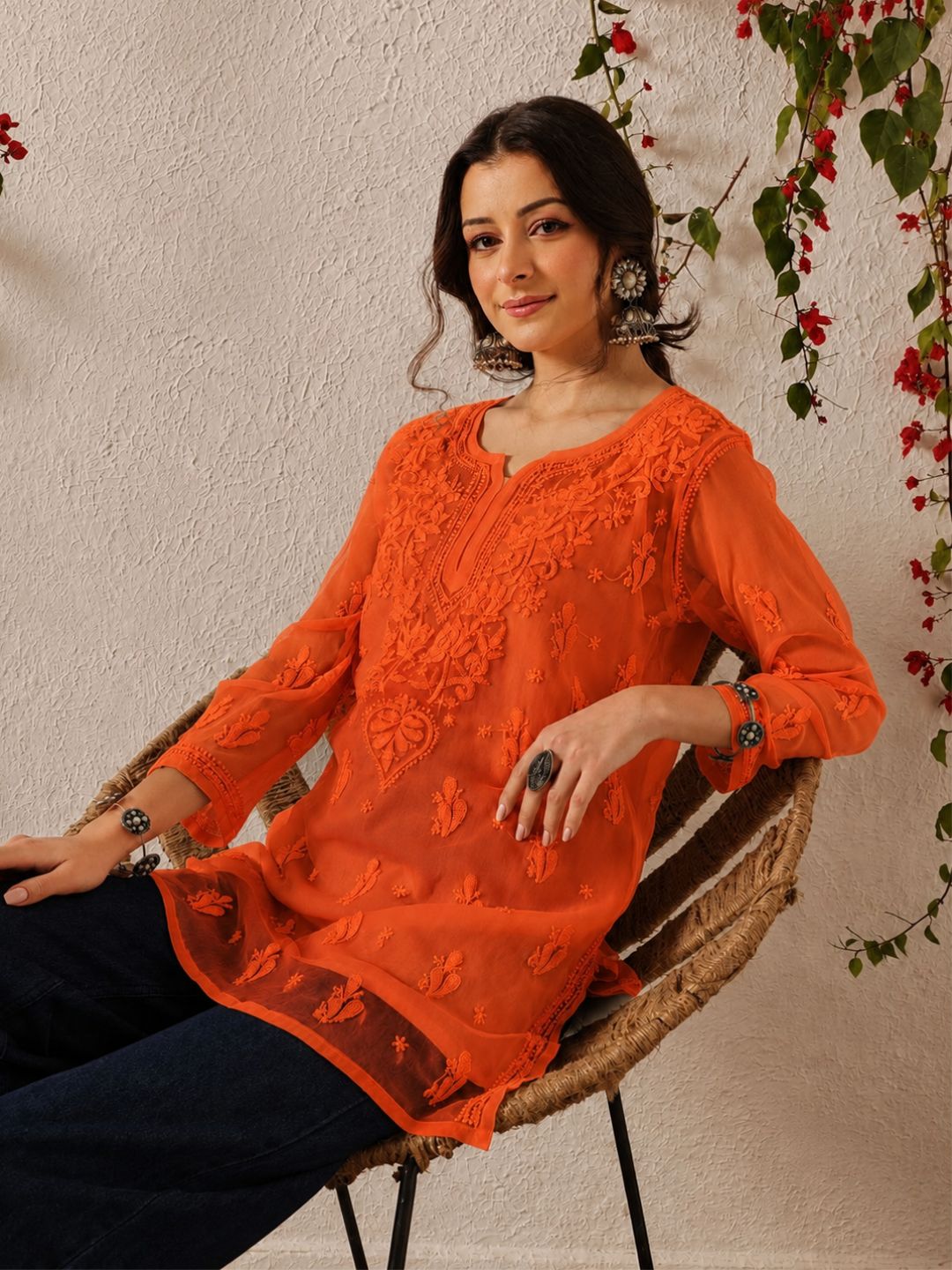 Ada Hand Embroidered Orange Georgette Lucknowi Chikankari Short Kurti With Slip A911606_7
