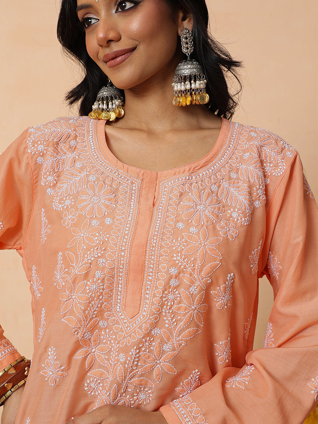 Ada Hand Embroidered Orange Maslin Lucknowi Chikankari Short Kurti A911581