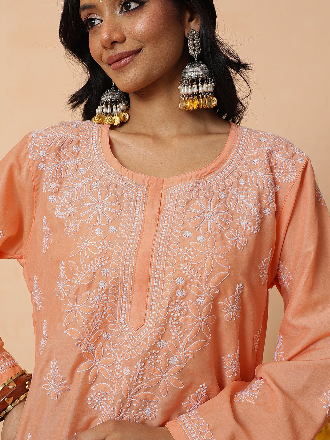 Ada Hand Embroidered Orange Cotton Lucknowi Chikankari Short Kurti A911581