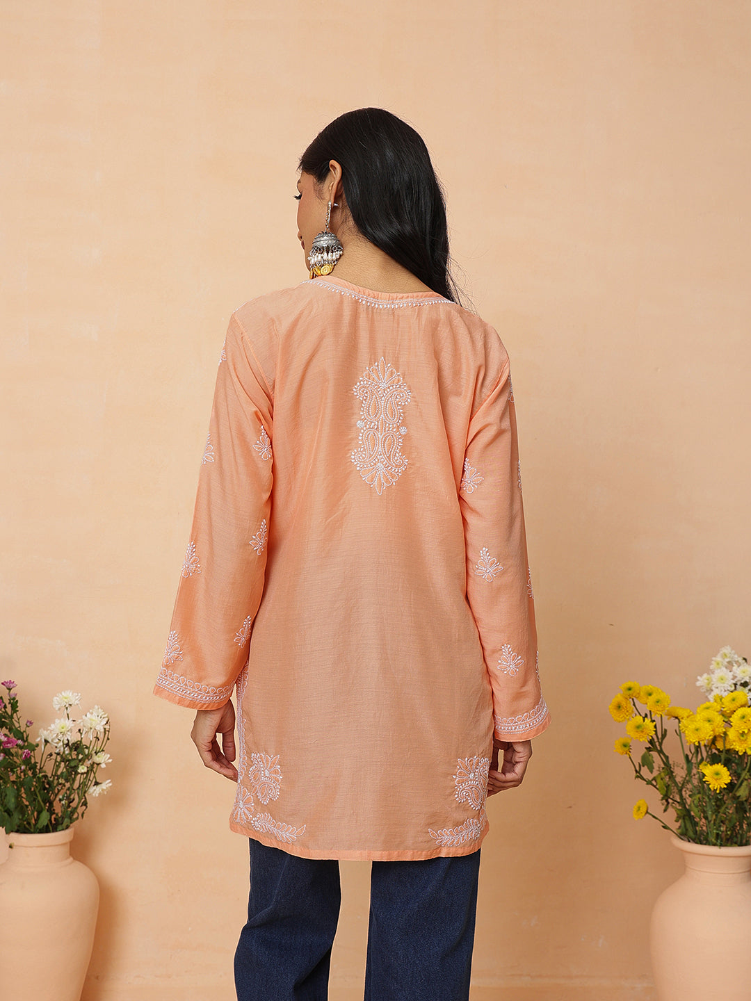 Ada Hand Embroidered Orange Maslin Lucknowi Chikankari Short Kurti A911581