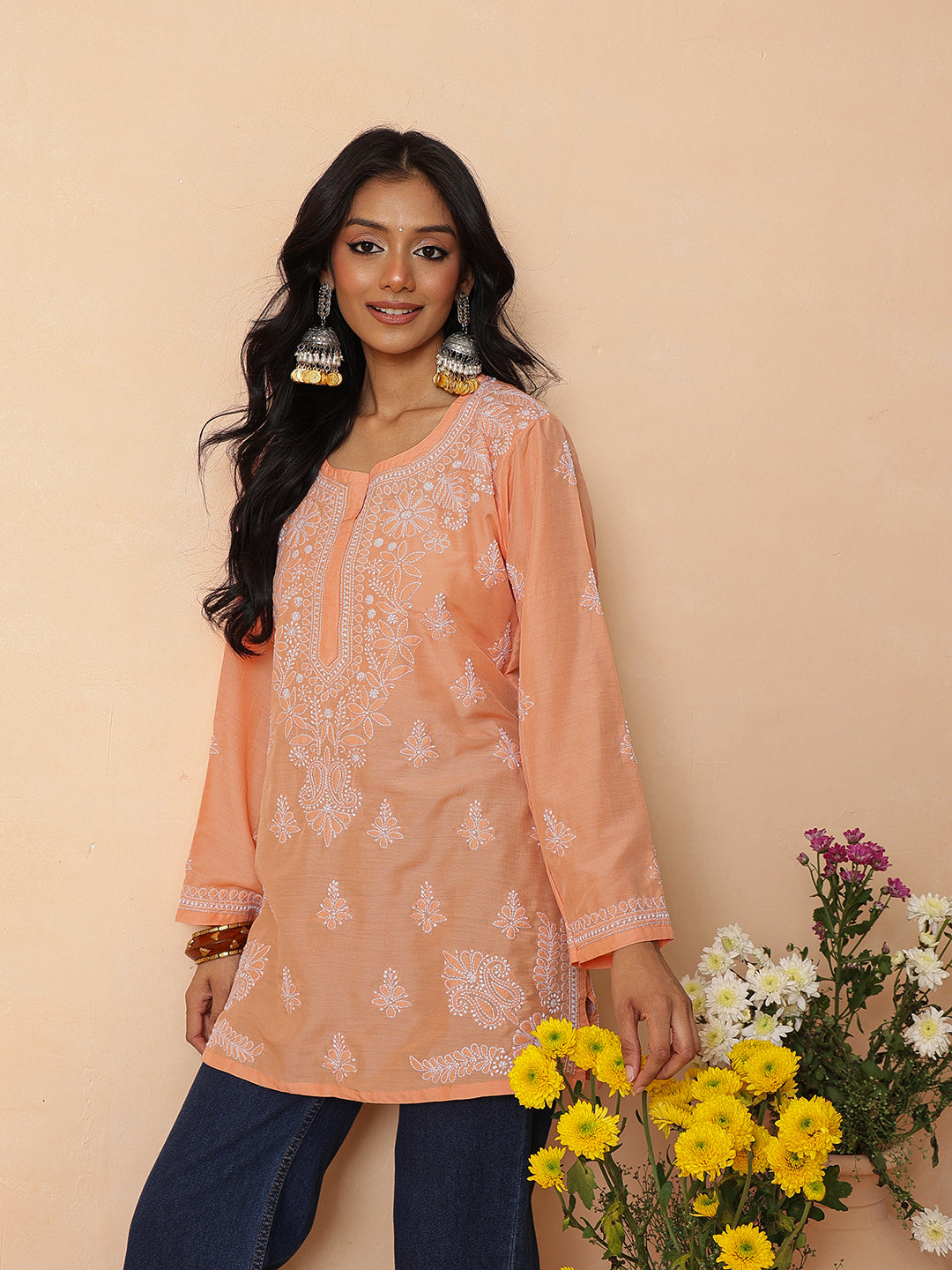 Ada Hand Embroidered Orange Maslin Lucknowi Chikankari Short Kurti A911581