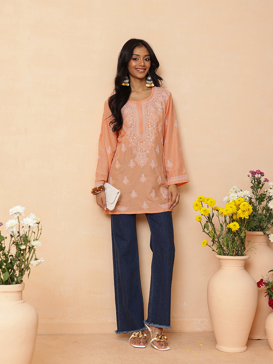 Ada Hand Embroidered Orange Maslin Lucknowi Chikankari Short Kurti A911581