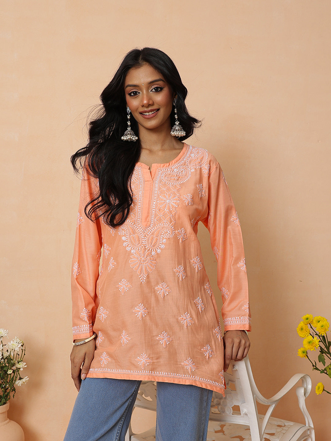 Ada Hand Embroidered Orange Muslin Lucknowi Chikankari Short Kurti A911574_1