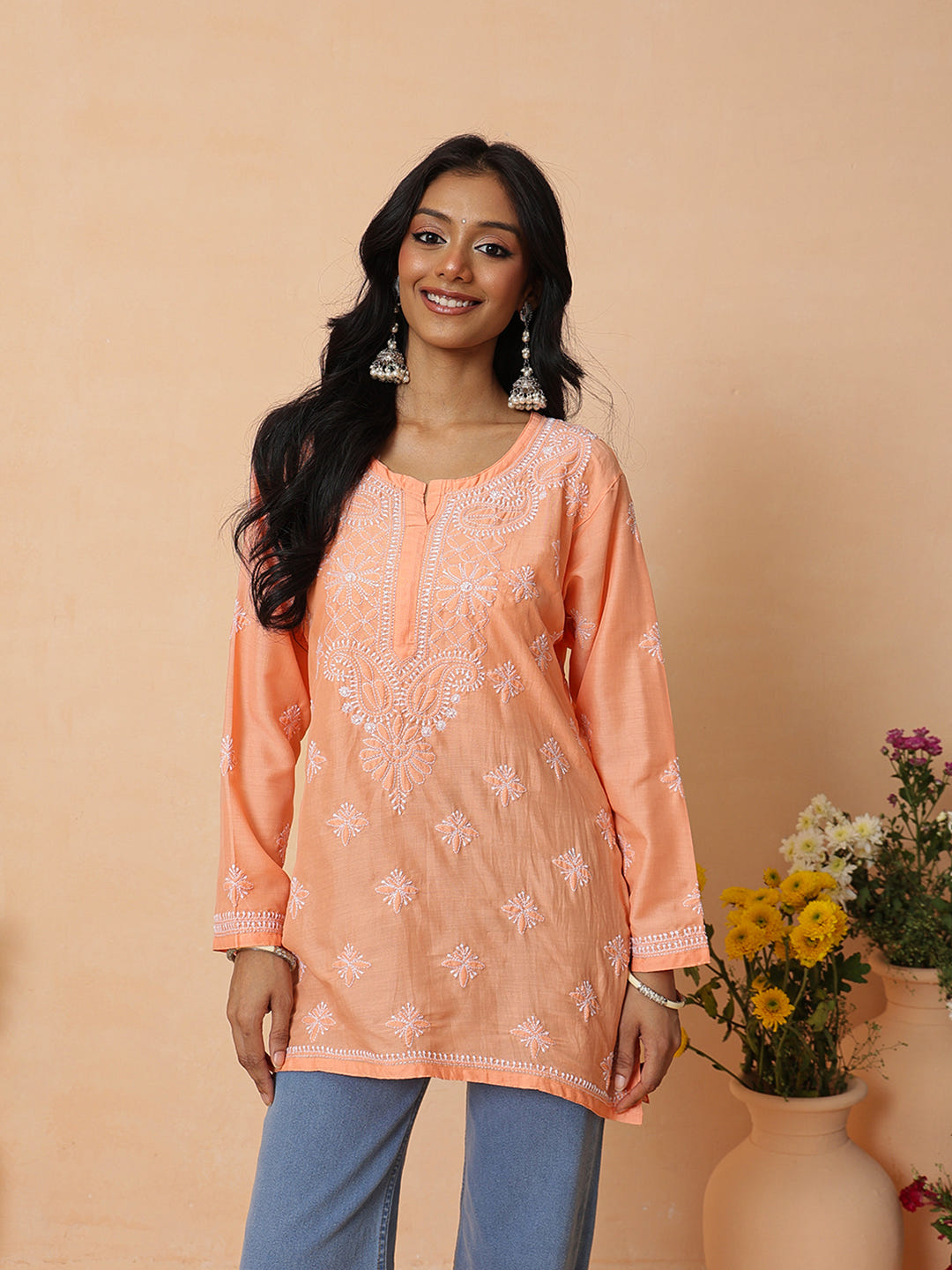 Ada Hand Embroidered Orange Muslin Lucknowi Chikankari Short Kurti A911574_2