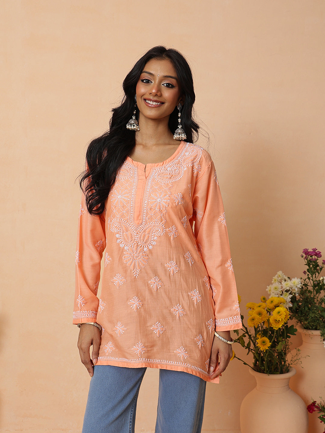 Ada Hand Embroidered Orange Muslin Lucknowi Chikankari Short Kurti A911574_2